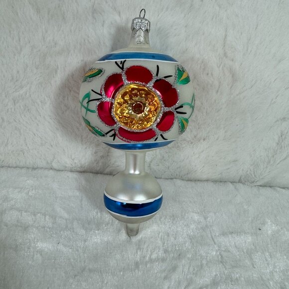 Vintage Blown Glass Christmas Ornament Poland Double Indents Teardrop Finial
